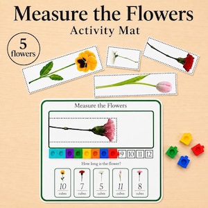May include: An educational activity mat titled "Measure the Flowers." The mat features flower images with corresponding measurement blocks and the text "How long is the flower?" Includes a circle with the number "5" and the word "flowers."