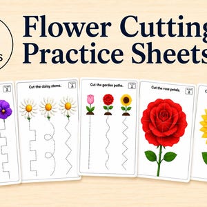 May include: Educational flower cutting practice sheets. The image shows 14 sheets with illustrations of flowers like pansies, daisies, roses, and sunflowers. Each sheet has a dotted line for cutting practice, enhancing fine motor skills.