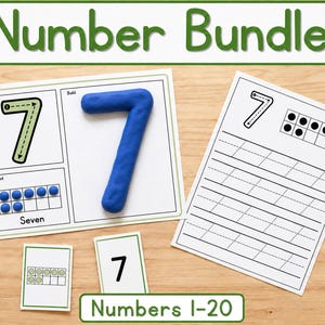 May include: Educational number activity sheets featuring the number 7. Includes a tracing card, a playdough build card with a blue clay 7, a ten-frame counting card, a writing practice sheet with dashed lines, and small cards showing the number 7.