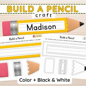 Puede incluir: Una actividad manual Build a Pencil que muestra un lápiz amarillo con goma rosa, virola plateada y el nombre Madison impreso. Incluye dos hojas imprimibles, una a todo color y otra en blanco y negro para colorear.