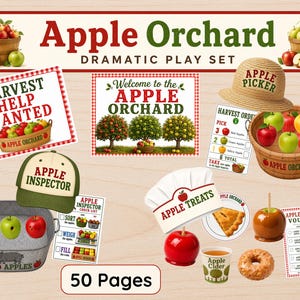 May include: An Apple Orchard dramatic play set featuring 50 pages of printable signs, checklists, and vouchers. Includes a straw hat, a wooden basket, a metal bin, a chef hat, and various apple-themed graphics with text like Apple Picker.