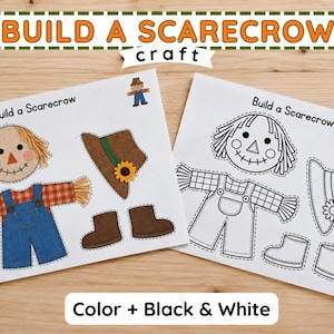 Könnte beinhalten: Zwei Papierbögen mit der Aufschrift Build a Scarecrow. Ein Bogen zeigt eine farbige Vogelscheuche mit kariertem Hemd, blauer Latzhose, braunem Hut mit Sonnenblume und braunen Stiefeln. Der zweite Bogen ist eine schwarz-weiße Umrissversion.