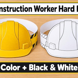 Könnte beinhalten: Zwei Papier-Stirnbänder als Bauarbeiterhelm, eines in Gelb mit schwarzen Warnstreifen und eines in Schwarz-Weiß zum Ausmalen. Der Text Construction Worker Hard Hat und Color + Black & White ist zu sehen.