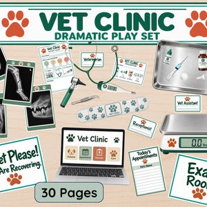 Pode incluir: Um conjunto de brincadeira dramática de clínica veterinária de 30 páginas com sinais de papel, gráficos de pacientes, formulários de prescrição e registos de consultas. Inclui estetoscópio, termómetro, otoscópio, pinças, tabuleiro de metal com frascos médicos e uma balança digital que mostra 0,0 kg.