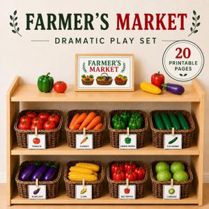 May include: A Farmer's Market dramatic play set featuring 20 printable pages. The set includes a wooden shelf with eight woven baskets filled with plastic vegetables like tomatoes, carrots, green peppers, cucumbers, eggplants, corn, and cabbage.