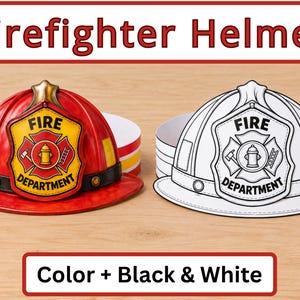 May include: Two firefighter helmet paper crafts, one in full color and one in black and white. Each features a central shield with the text FIRE DEPARTMENT, a hydrant, an axe, and a ladder. The color version is red and yellow.