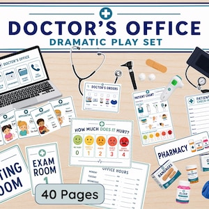 May include: A doctor's office dramatic play set featuring a laptop, stethoscope, otoscope, thermometer, blood pressure cuff, ice pack, and medicine bottles. Includes 40 pages of printed forms like patient charts, appointment cards, and signs.