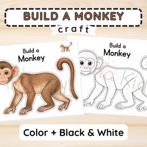Pode incluir: Um conjunto de artesanato Build a Monkey com duas folhas imprimíveis com o texto Build a Monkey. Uma folha mostra uma ilustração de macaco colorida com cabeça e corpo destacáveis, a outra uma versão em preto e branco para colorir.