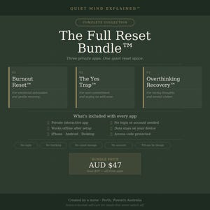 May include: A dark green digital product advertisement titled The Full Reset Bundle featuring three apps: Burnout Reset, The Yes Trap, and Overthinking Recovery. It lists features like private interactive use, offline functionality, and no login requirements.