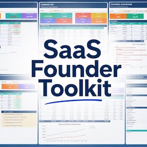 May include: A digital graphic with the text "SaaS Founder Toolkit" in large, dark blue letters. The image is a collection of spreadsheets with financial data, charts, and graphs, with a blue background.