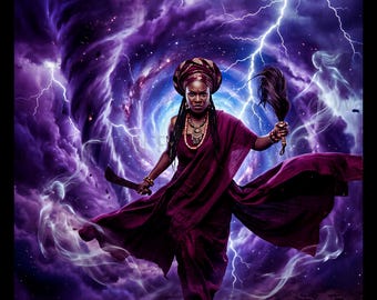 May include: A person wearing a deep maroon garment and a matching headwrap, holding a dark blade in one hand and a dark whisk in the other. The background features a swirling purple storm with bright white lightning bolts and ethereal figures.