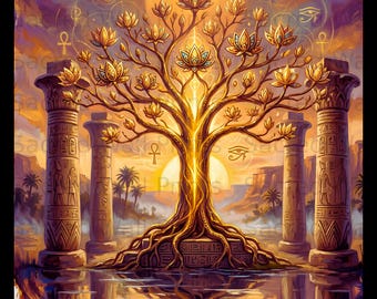 May include: A digital art print featuring a golden tree with lotus flowers, rooted on a stone platform between two ancient Egyptian-style columns. The background displays a large sun, palm trees, and symbols including the ankh and eye of Horus.