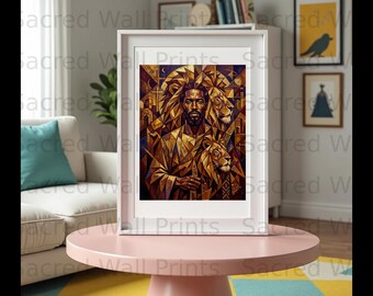 Lion of Judah Wall Art | Afrocentric Geometric Canvas, Faux Gold Spiritual Decor (Digital Download)