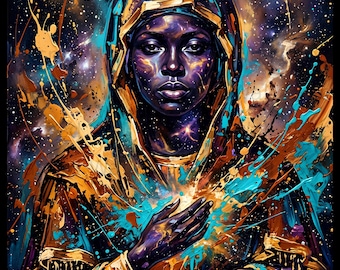Black Madonna Afrofuturist Wall Art, Celestial Goddess Print (Digital Download)