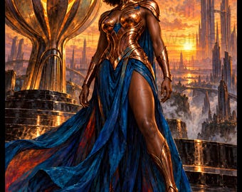 Afrofuturistic Wall Art Black Queen Print, Sci-Fi Fantasy Goddess Poster, Regal Black Woman Artwork, Futuristic City Sunset Home Decor