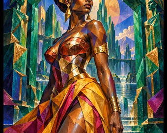 Afrofuturism Black Queen Wall Art, Geometric Emerald Gold Canvas Print, African Fantasy Goddess Poster, Regal Black Woman Home Decor