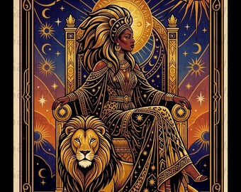 May include: A rectangular wall art print featuring a regal figure seated on a throne with a lion at their feet. The design includes celestial motifs, stars, and suns in gold, blue, and orange. The text LEO appears at the top and TOO ICONIC at the bottom.