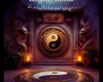 May include: A wall art print featuring the text Wisdom grows where certainty softens above a circular yin yang symbol. The scene includes two dragon statues flanking a central gate, with glowing orange flames and a matching yin yang floor medallion.