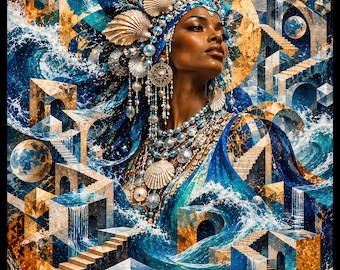 Black Goddess Wall Art Surreal Ocean Queen Print Afrocentric Celestial Art Poster Mythological Sea Deity Gold Blue Canvas Room Decor