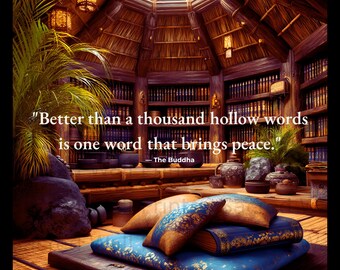 May include: A room with a thatched roof, wooden bookshelves, and a floor mat featuring blue and gold patterned cushions. The text reads: "Better than a thousand hollow words is one word that brings peace." — The Buddha. The space includes plants.
