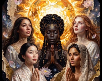 Sacred Goddess Sisterhood Print, Celestial Sun, Faux Gold Leaf, Spiritual Wall Art (Digital Download)