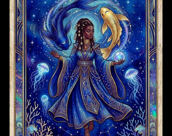 May include: A rectangular wall print titled PISCES DREAM WORLD featuring a person in a blue gown surrounded by a blue fish, a gold fish, and jellyfish in an underwater scene. The border is gold with intricate patterns and celestial motifs.