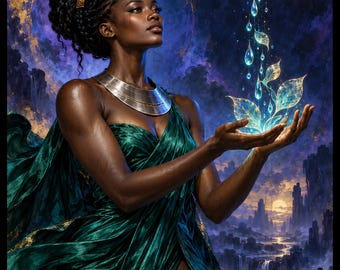 Black Goddess Wall Art Celestial Fantasy Art Print, Afrocentric Divine Feminine Emerald Green Poster, African Queen Starlight Home Decor