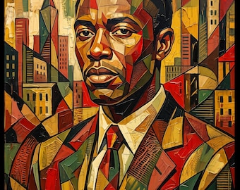 Cubist African American Man Portrait, Abstract Cityscape Art Print (Digital Download)