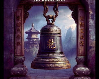 Zen Bell Wall Art | Calm Heart Quote, Asian Temple Landscape Print (Digital Download)