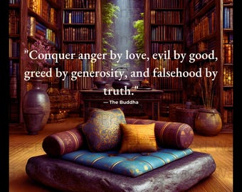 May include: A low, dark stone platform features a blue tufted cushion, a patterned blue pillow, and a solid gold pillow. The text reads: "Conquer anger by love, evil by good, greed by generosity, and falsehood by truth." — The Buddha.