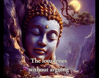 May include: A large, serene Buddha head sculpture with a golden crown, set against a rocky cliffside under a full moon. The image features purple and gold tones, with the text: The lotus rises without arguing with the mud. A pine tree branch hangs above.
