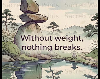 Zen Japanese Garden Print, Balancing Stones, Inspirational Quote (Digital Download)