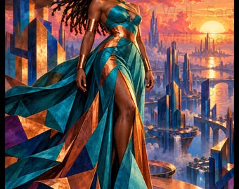Afrofuturism Wall Art Black Woman Print, Futuristic Fantasy Goddess Poster, Regal Teal Gold Melanin Artwork, Modern Sci Fi Home Decor