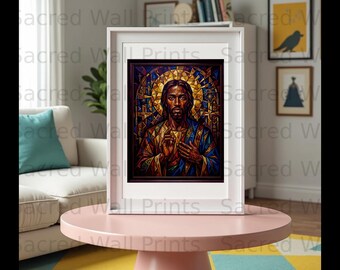 Jesus Christ Wall Art Print | Modern Stained Glass Effect, Cubist Abstract Christian Decor