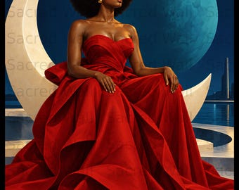 Black Woman Crescent Moon Wall Art, Afro Celestial Fantasy Poster, Elegant Red Dress Print, African American Royal Glamour Home Decor