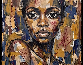 Mixed Media Collage Portrait, Earth Tone Afrocentric Woman Art (Digital Download)