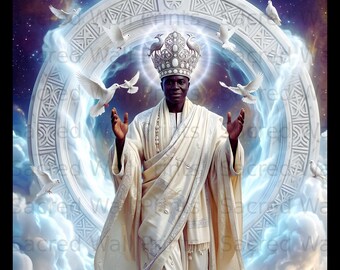 May include: A person wearing a white robe and an ornate crown stands before a large circular stone archway. White doves fly around the figure amidst clouds and a starry cosmic background. The text Sacred Wall Prints is visible across the image.