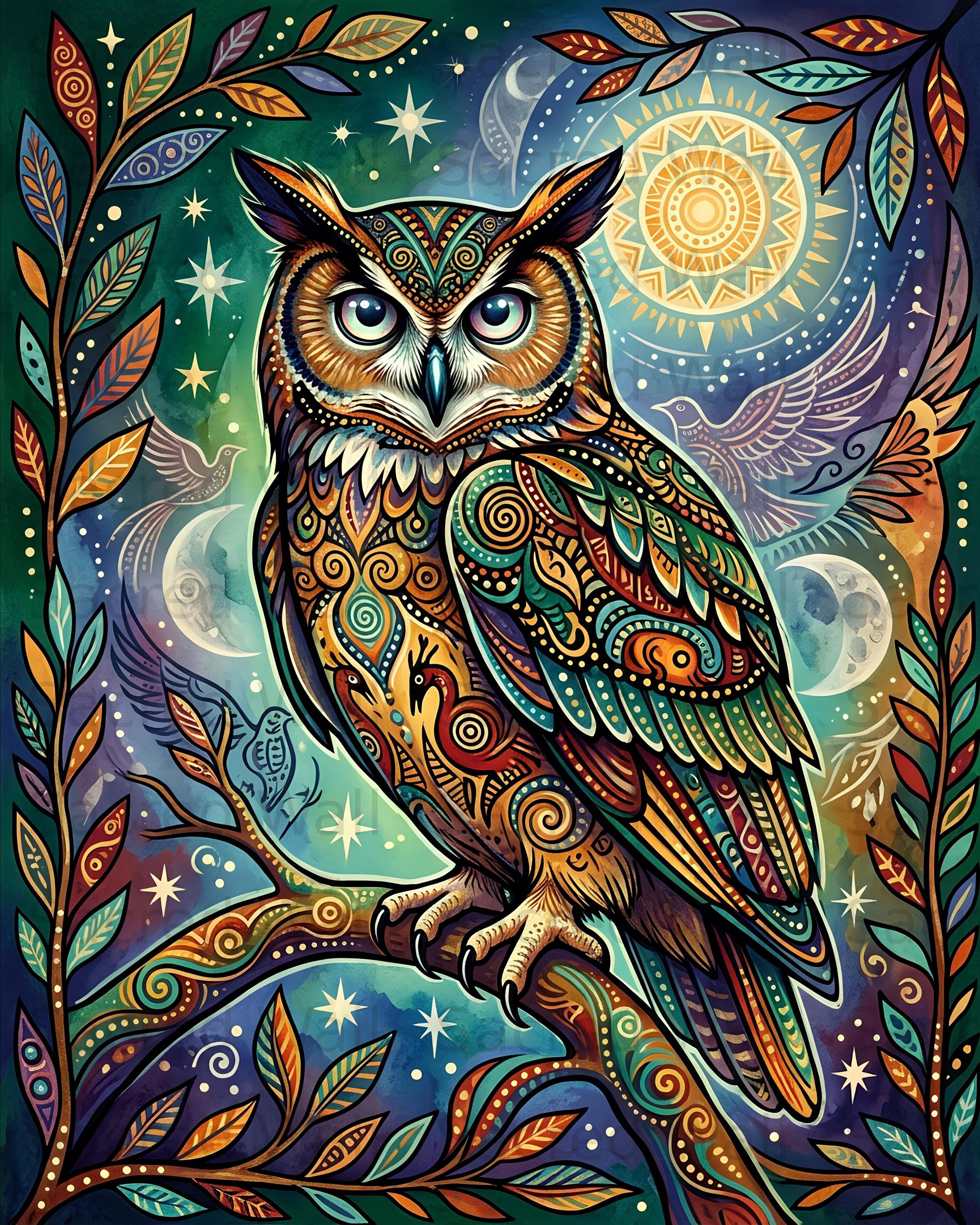 Mystical Owl Folk Art Print, Celestial Boho Nature Decor (Digital Download)
