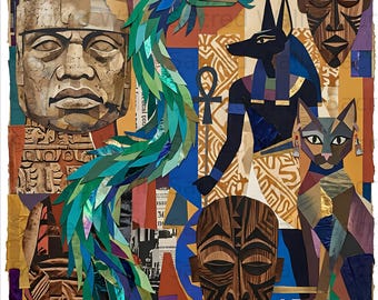 Ancient Mythology Collage Print, Egyptian Aztec African Tribal Art (Digital Download)