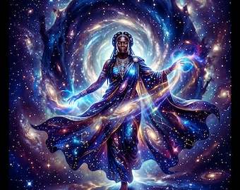 May include: A figure wearing a flowing, dark blue garment adorned with celestial patterns of stars, galaxies, and constellations. The fabric drapes elegantly, blending into a vibrant cosmic background filled with swirling nebulae and bright light.