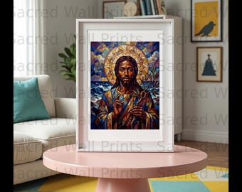 Jesus Wall Art Print, Stained Glass Christ Portrait, Spiritual Home Decor (Digital Download)