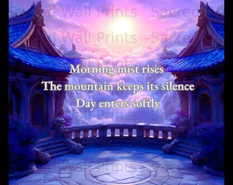 May include: A digital art print featuring a stone balcony overlooking a mountain range at sunrise. The scene includes blue-roofed structures and purple clouds. Text reads: Morning mist rises, The mountain keeps its silence, Day enters softly.