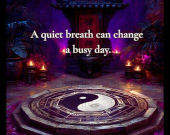 May include: A circular stone platform featuring a black and white yin-yang symbol, set before a dark structure with glowing purple light and candles. The text "A quiet breath can change a busy day." is centered in the middle of the image.