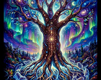 Mystical Tree of Life Wall Art, Cosmic Forest, Aurora Borealis Spirit Animals (Digital Download)