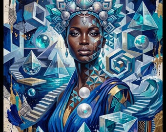 Afrofuturism Wall Art, Black Queen Poster, Surreal Goddess Portrait, Geometric Fantasy Print, Divine Feminine Decor, Modern Afrocentric Art