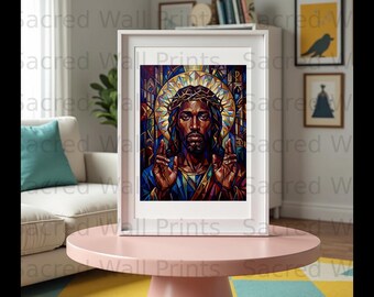 Black Jesus Wall Art, Stained Glass Christ Print, African American Decor (Digital Download)