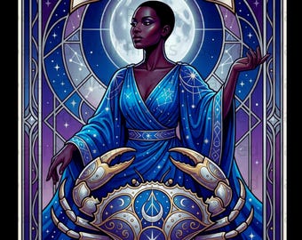 May include: A decorative poster featuring a person in a blue robe with star patterns, positioned behind a large crab with ornate gold and blue markings. The text CANCER appears at the top and MOOD SWINGS at the bottom, set against a moonlit sky.