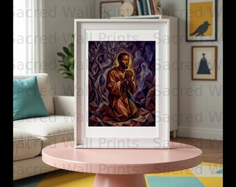 Cubist Religious Art Print, Jesus Praying, Spiritual Christian Home Decor (Digital Download)
