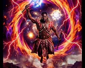 May include: A warrior figure with braided hair wearing a red patterned tunic and skirt adorned with cowrie shells, holding a glowing blue double-headed axe aloft. The background features a swirling vortex of fire, lightning, and a starry galaxy.