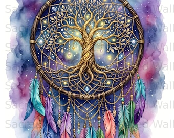 Tree of Life Dreamcatcher Print: Celestial Watercolor Boho Wall Art (Digital Download)